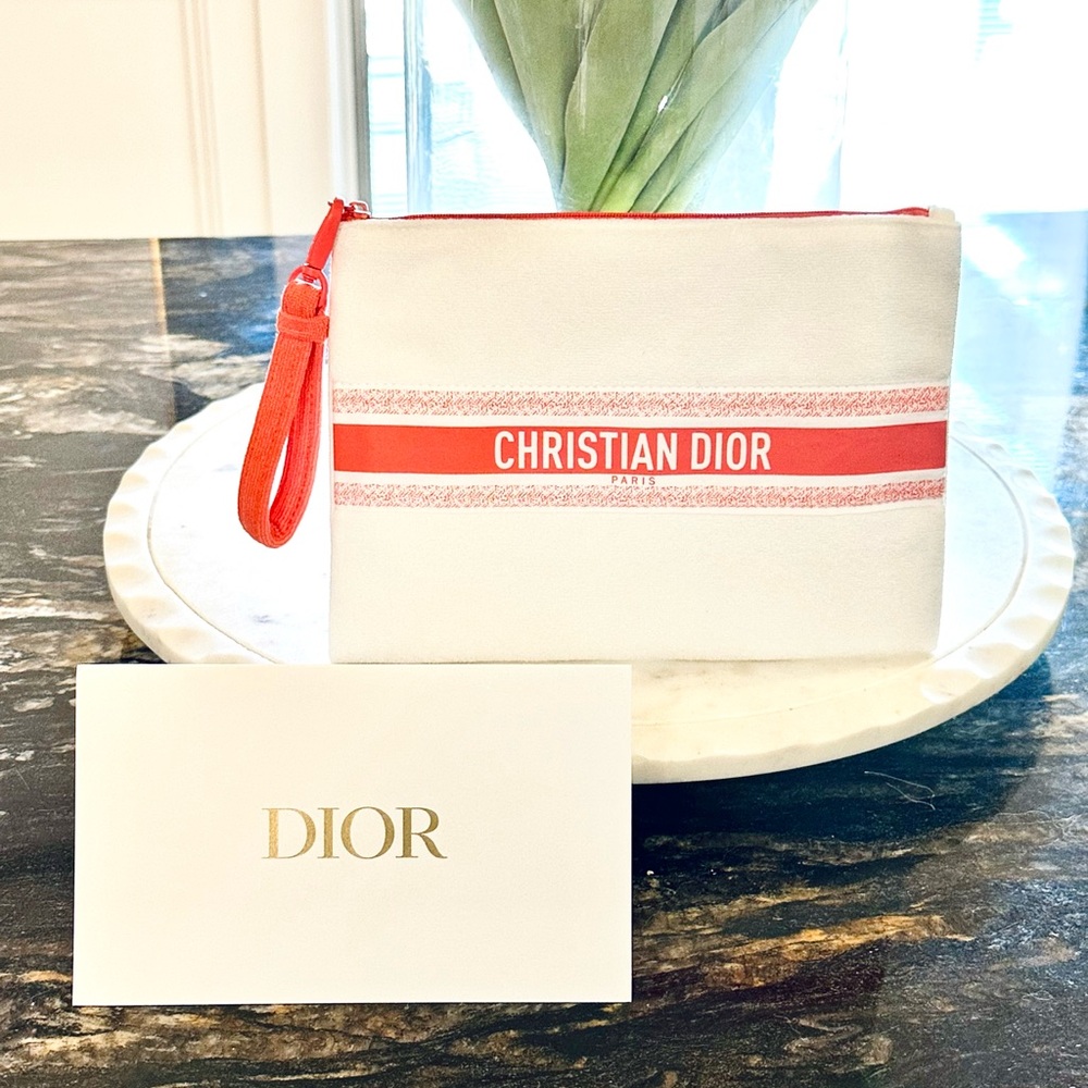 NWOT DIOR Whits and Coral Terrycloth Wristlet/ Pouch
